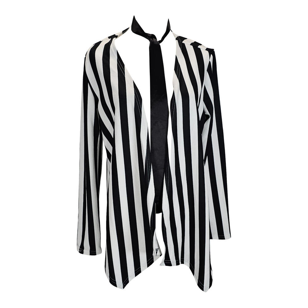 Shein Black and White Striped Women's Open Front Jacket with Tie/L